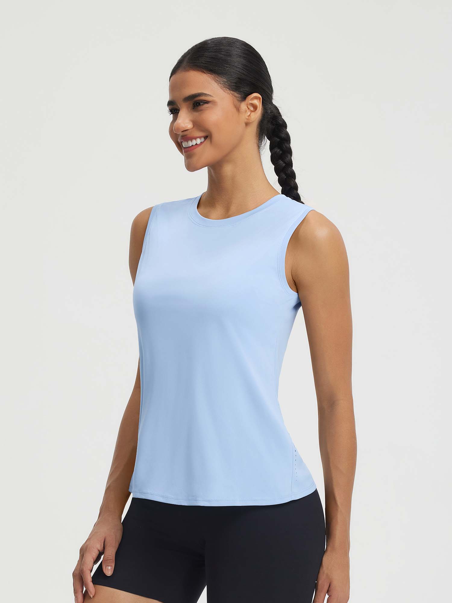 Baleaf light blue UPF 50+ crop tank top, sleeveless athletic top for women. #color_Light Blue