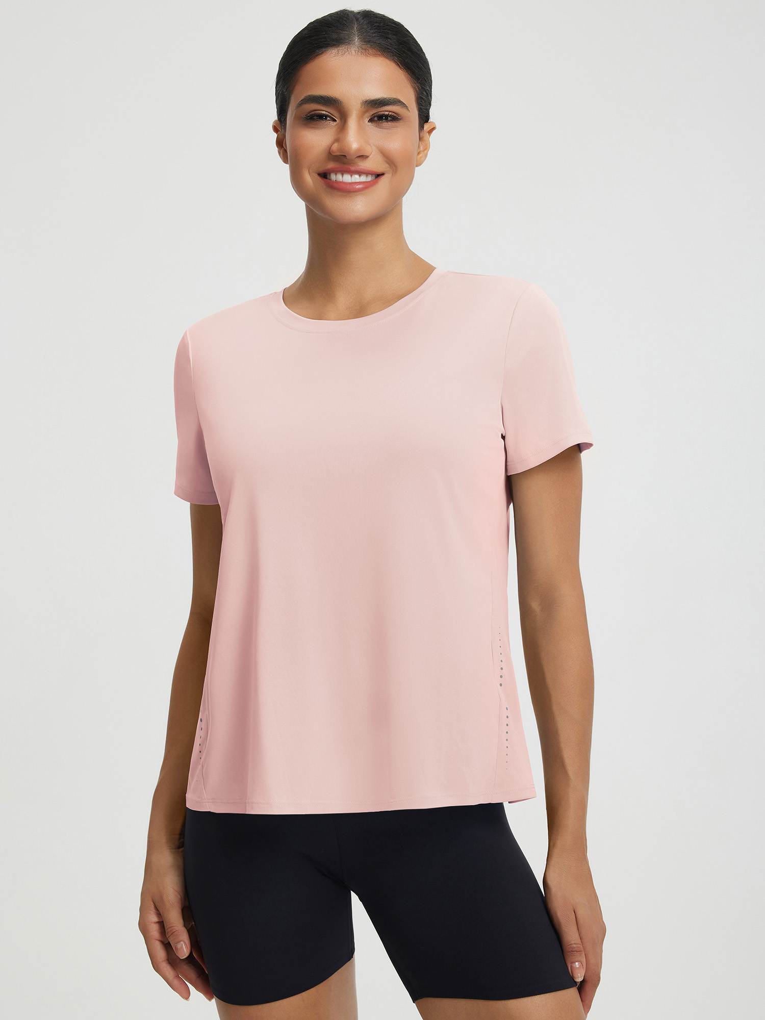 Light pink UPF 50+ quick dry short sleeve athletic top with reflective side dots. #color_Pink Dogwood