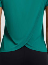 Teal UPF 50+ quick dry short sleeve athletic top with open split back. #color_Teal Green