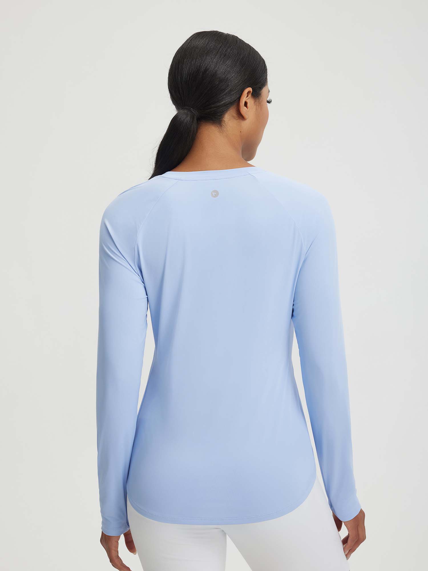 Light blue Baleaf UPF 50+ icy cool long-sleeve shirt, women's athletic fit, back view. #color_Kentucky Blue