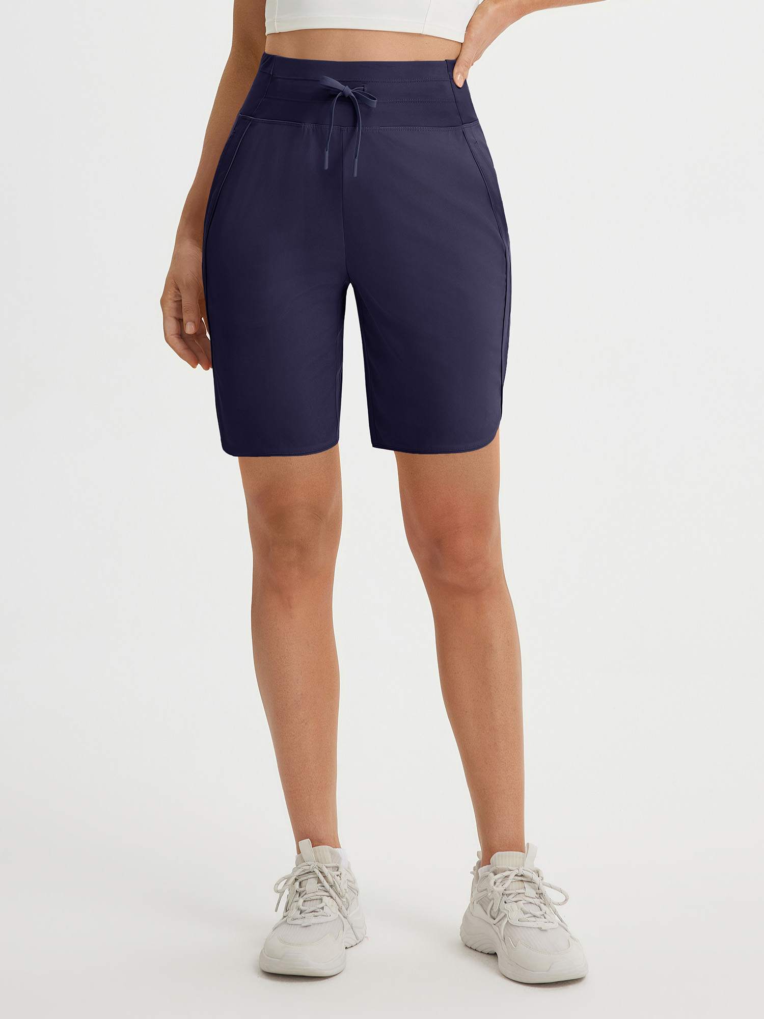 Baleaf navy high-rise 9" UPF 50+ athletic shorts with drawstring #color_Navy
