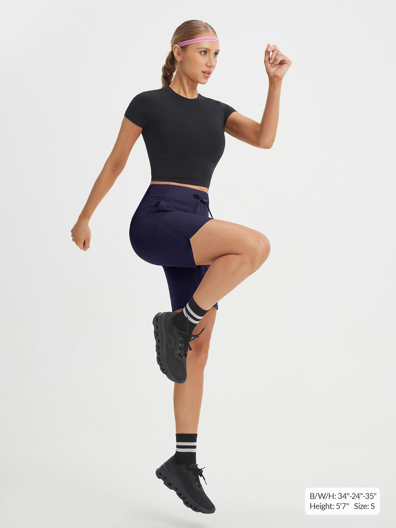 Baleaf women's navy blue 9" high-rise UPF 50+ stretchy athletic shorts. #color_Navy