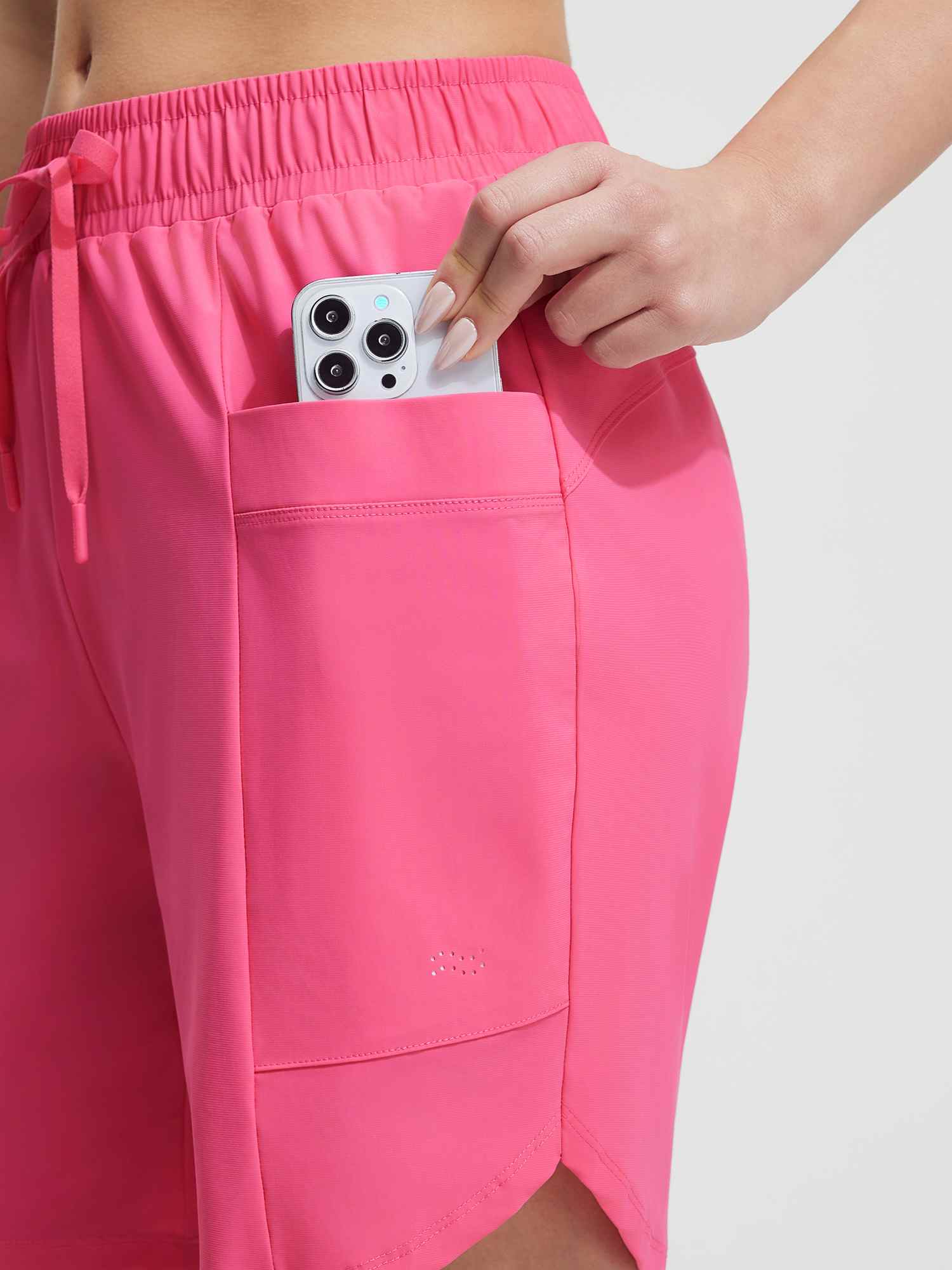 Baleaf pink UPF 50+ board shorts: phone in side pocket #color_Hot Pink