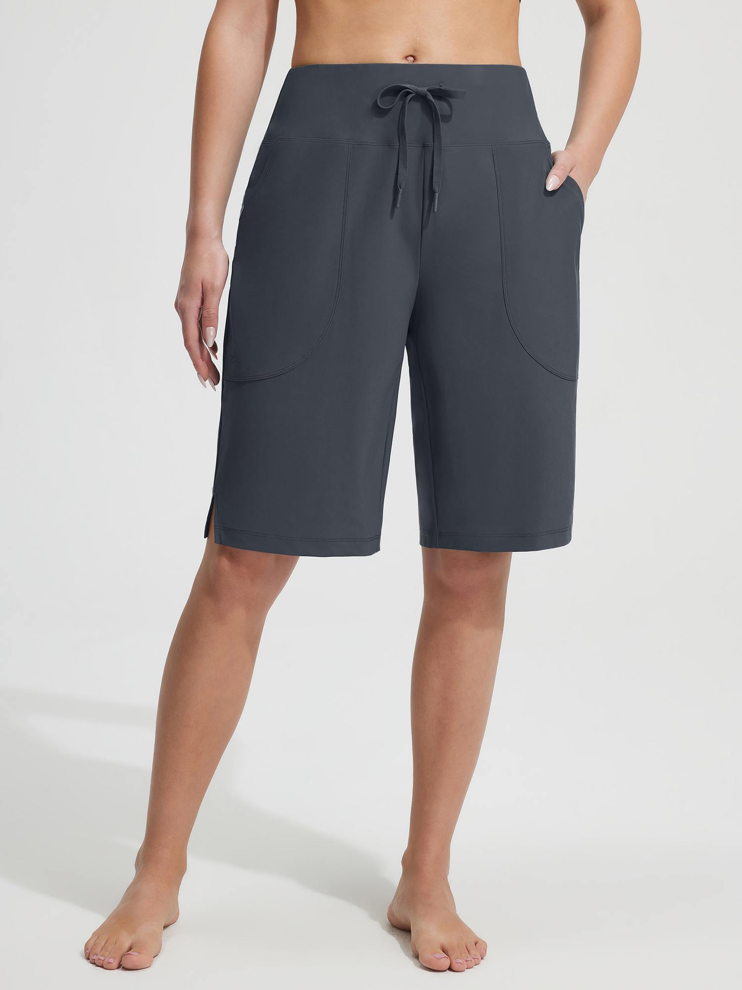 Dark grey Baleaf UPF 50+ high-rise board shorts with 11" inseam, drawstring, and side pockets. #color_Deep Gray