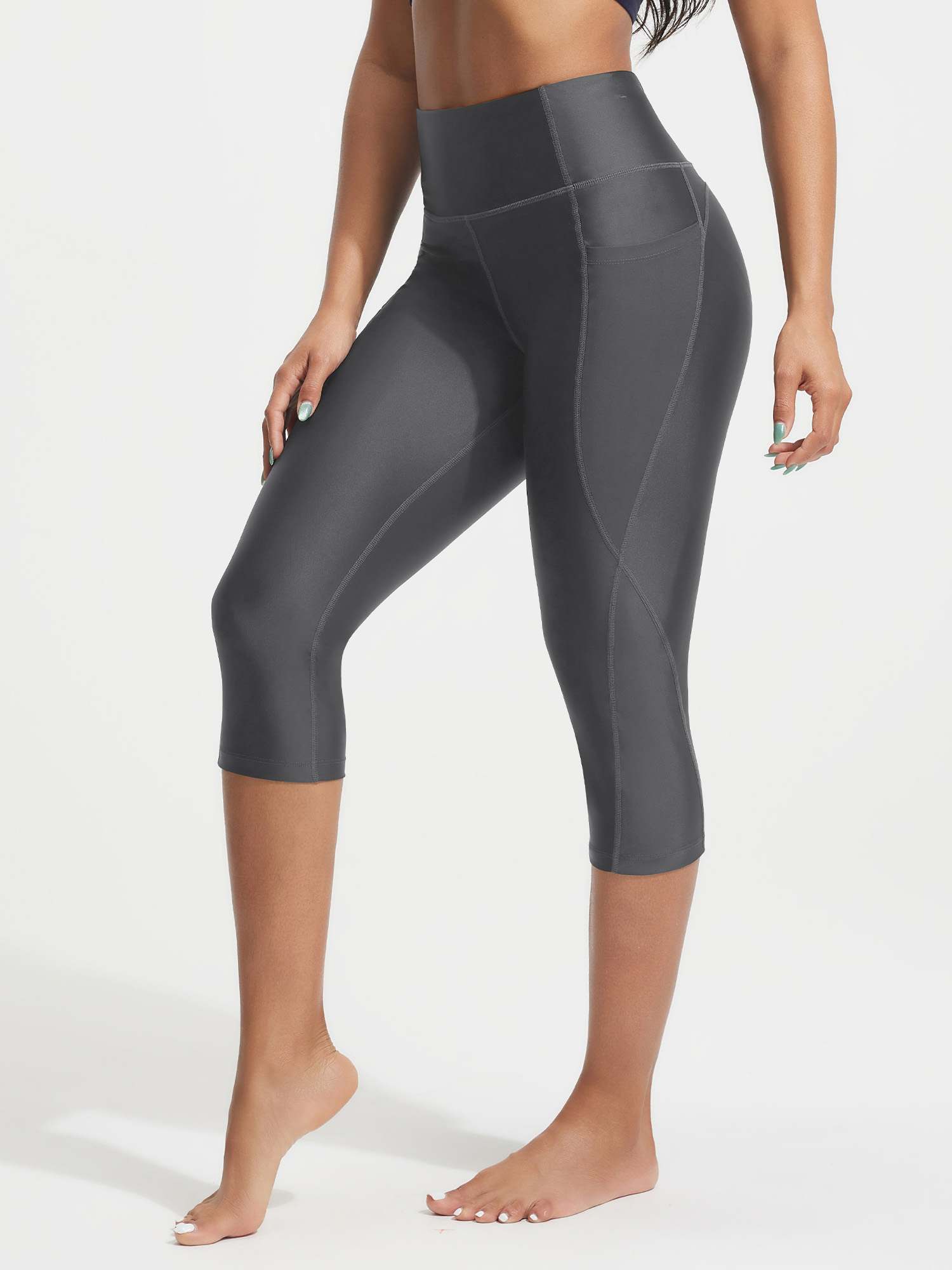 UPF50+ 18" high rise grey swim capris with tummy control and pocket. #color_Dark Gray