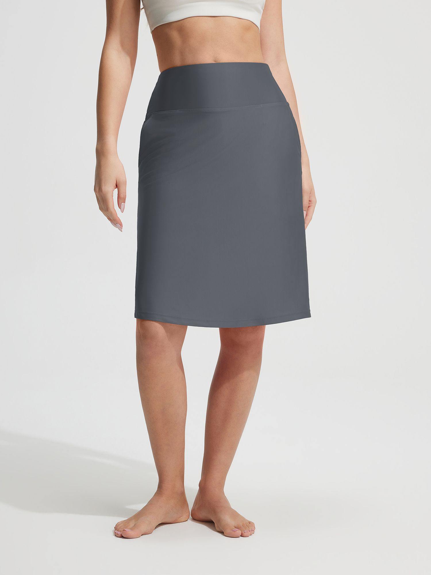Baleaf UPF 50+ high-rise dark grey swim skirt with slant pockets and capri leggings #color_Dark Gray
