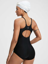 One Piece Racerback Swimsuit in black with adjustable straps and cutout back. #color_Black