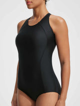 Black one-piece racerback swimsuit with textured side panels #color_Black
