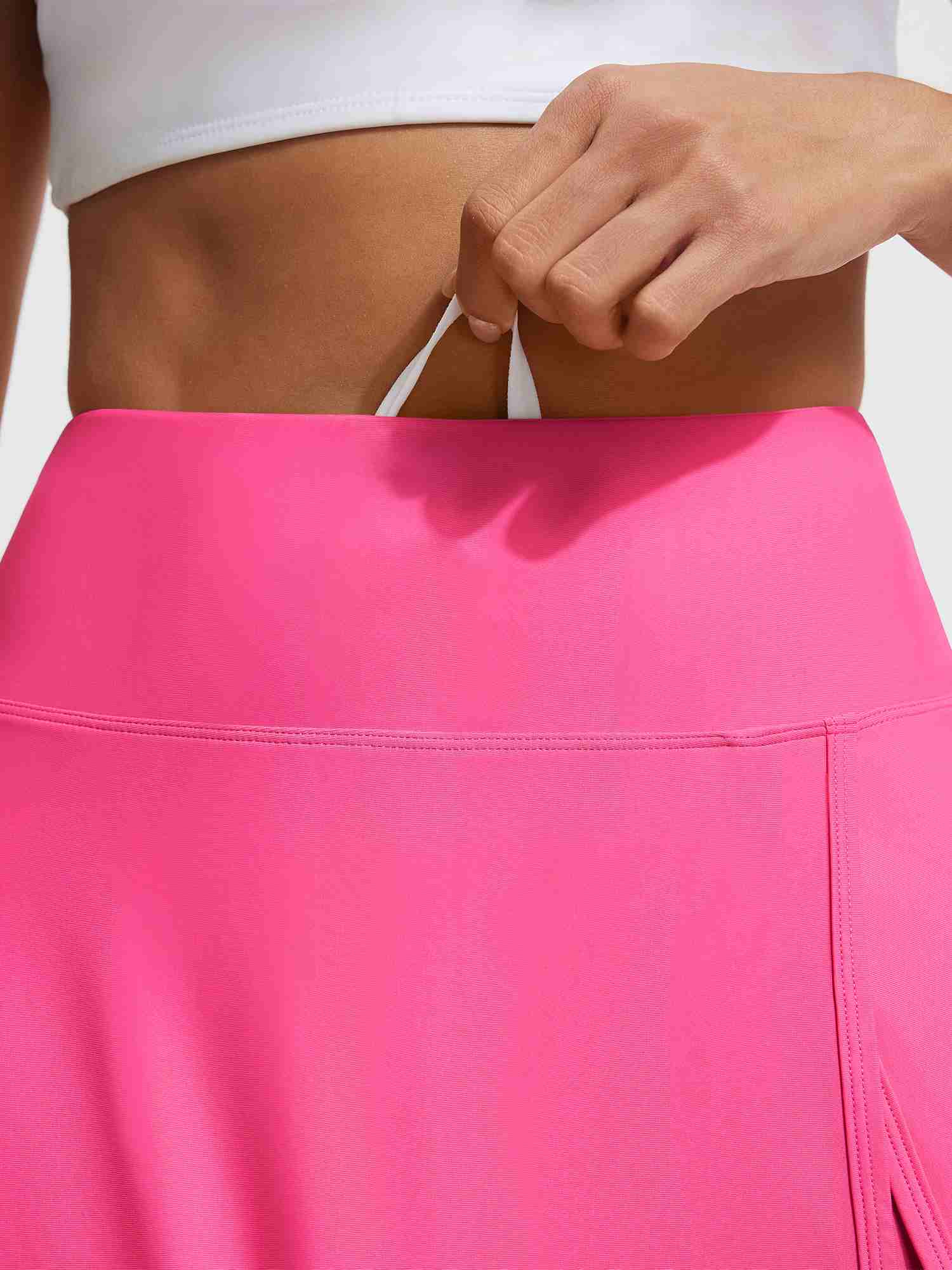 Baleaf pink high-rise swim skirt 14" waistband & liner detail #color_Hot Pink
