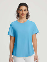 Baleaf UPF 50+ women's athletic t-shirt with crew neck and curved hem. #color_Light Blue