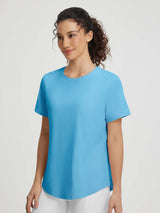 Baleaf women's blue UPF 50+ open back t-shirt with curved hem #color_Light Blue