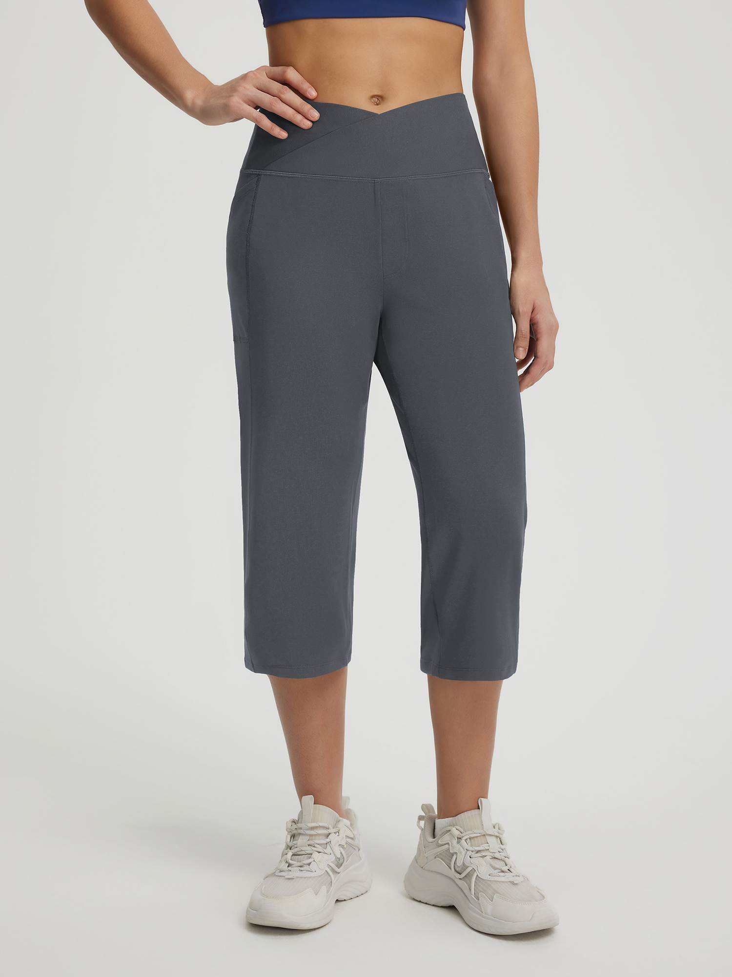 Dark grey Baleaf V-cross high-rise straight leg capri pants, 18" length, with pockets #color_Dark Gray