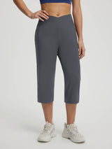 Dark grey Baleaf V-cross high-rise straight leg capri pants, 18" length, with pockets #color_Dark Gray