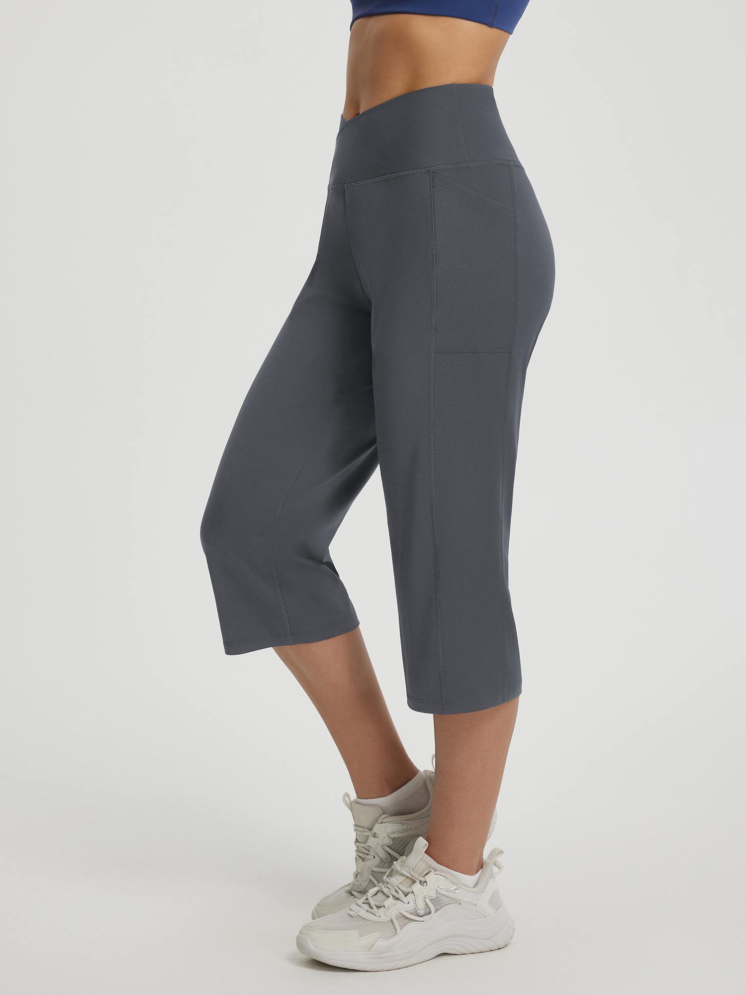 Baleaf dark grey V-cross 18" straight leg capri pants with pockets #color_Dark Gray