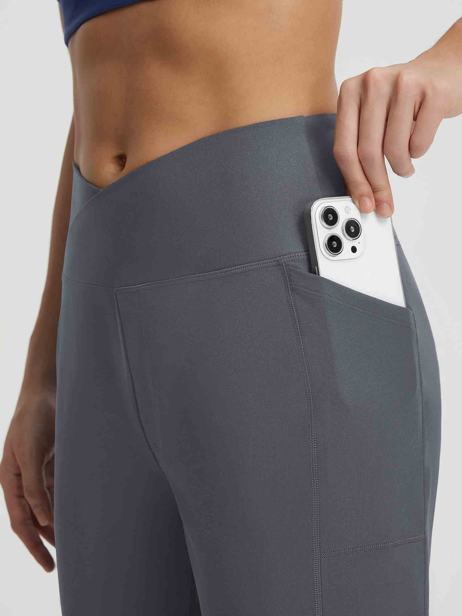 Baleaf grey V-cross straight leg capri pants with convenient side pocket #color_Dark Gray