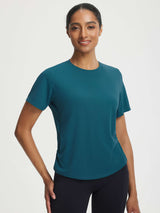 Baleaf teal ultra-soft UPF 50+ crewneck shirt on model. #color_Deep Blue
