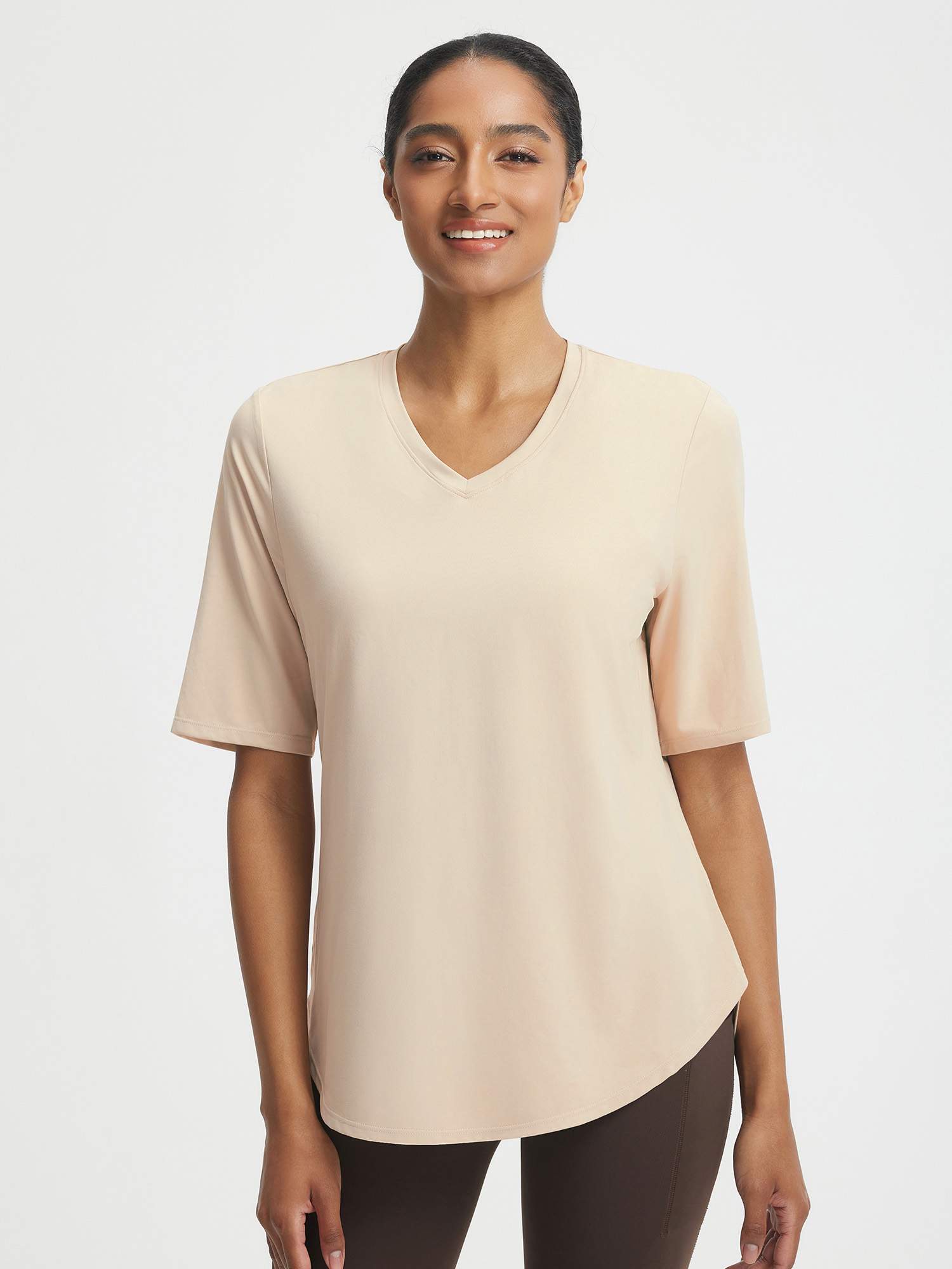 Baleaf beige UPF 50+ V-neck athletic shirt with breathable fabric, half sleeves, and curved hem. #color_Beige
