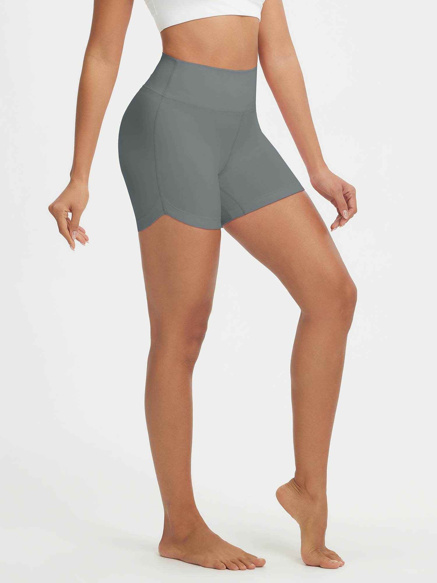 Grey Baleaf 5-inch high-rise biker shorts with curved split hem and 4-way stretch fabric. #color_Gray
