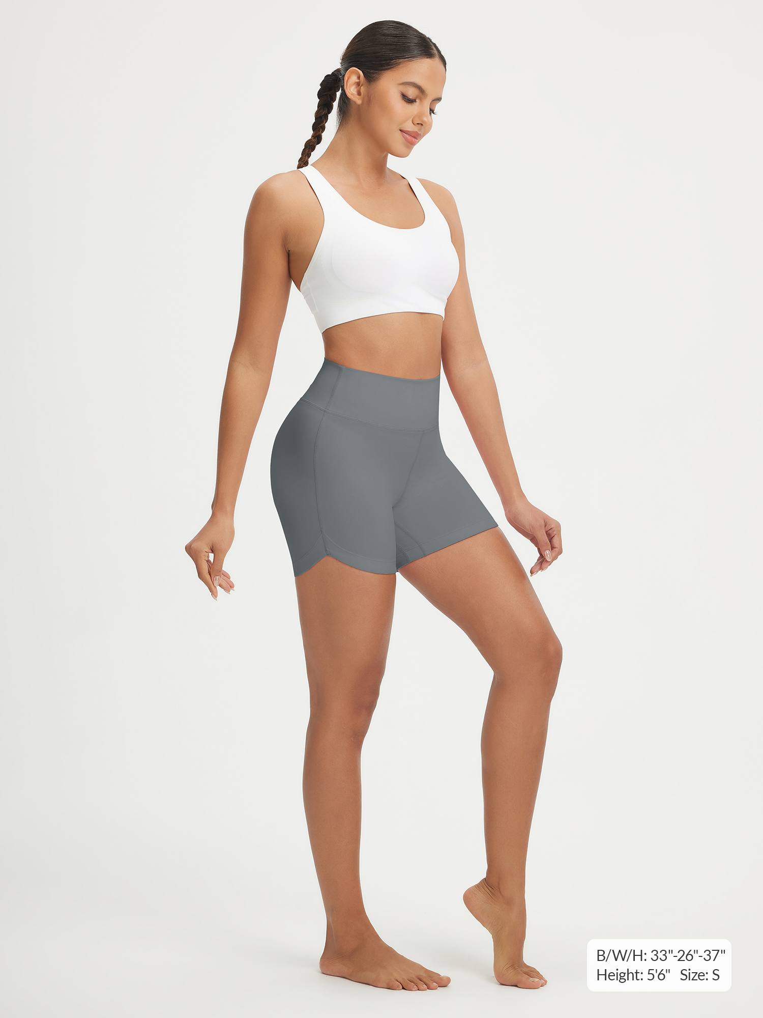 Baleaf grey 5" high-rise biker shorts, curved hem, stretchy fabric. #color_Gray
