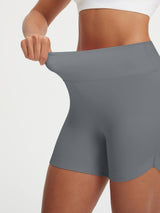 Baleaf grey 5-inch high-rise biker shorts demonstrating premium stretch fabric #color_Gray