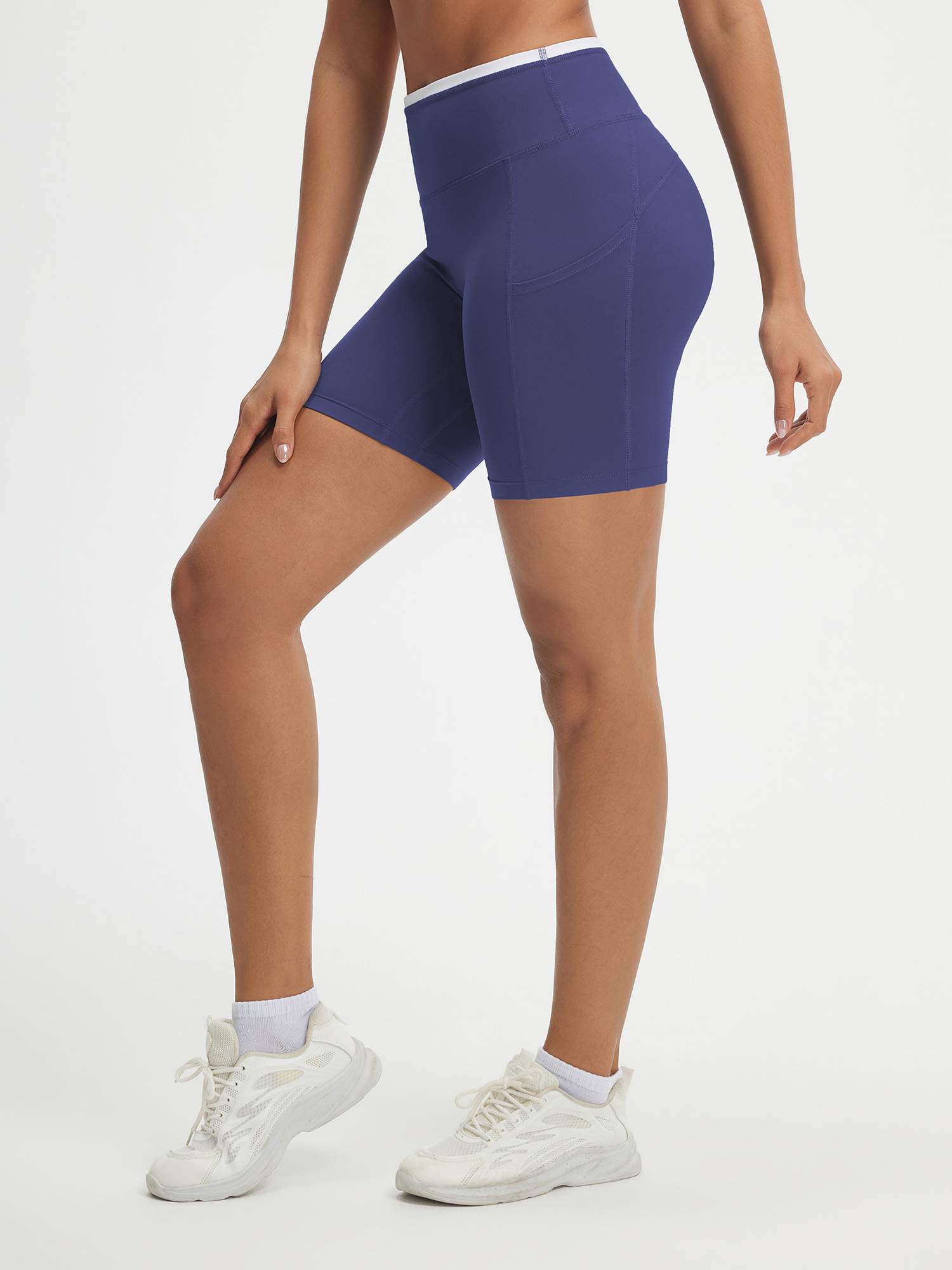 Baleaf navy ultra-soft 6" inseam high-rise biker shorts with side pockets. #color_Navy