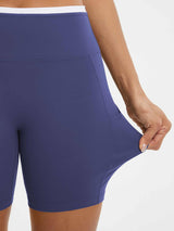 Baleaf blue 6-inch high-rise biker shorts with stretchy fabric and side pocket #color_Navy