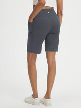 Baleaf women's dark grey 9" Bermuda long shorts with V-waist and pockets. #color_Dark Gray