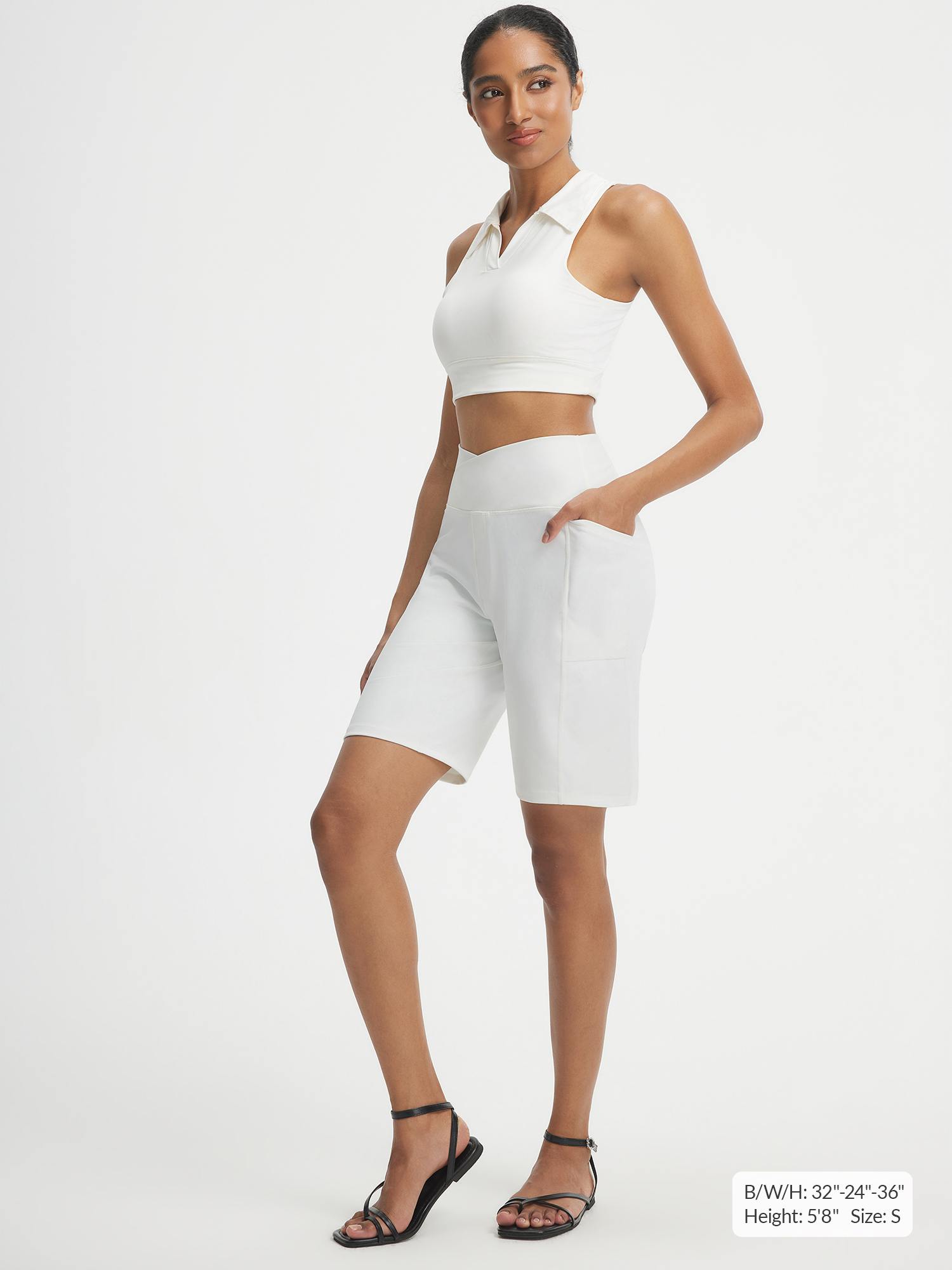 Baleaf Ultra-Soft V-Waist Bermuda Long Shorts 9" inseam, white, with pockets. #color_White