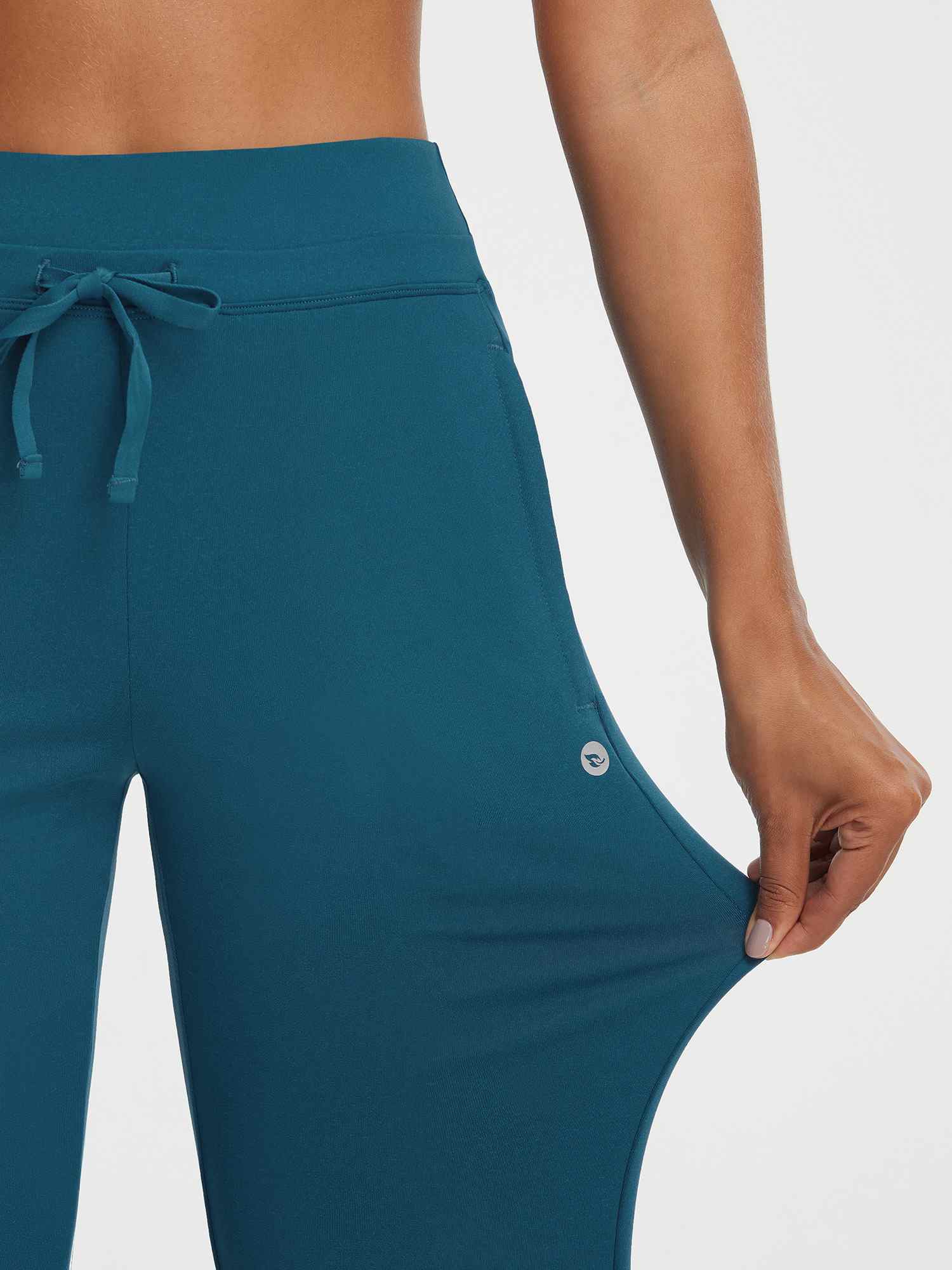 Baleaf teal high-rise athletic pants with drawstring & zipper pockets. Soft stretch fabric.