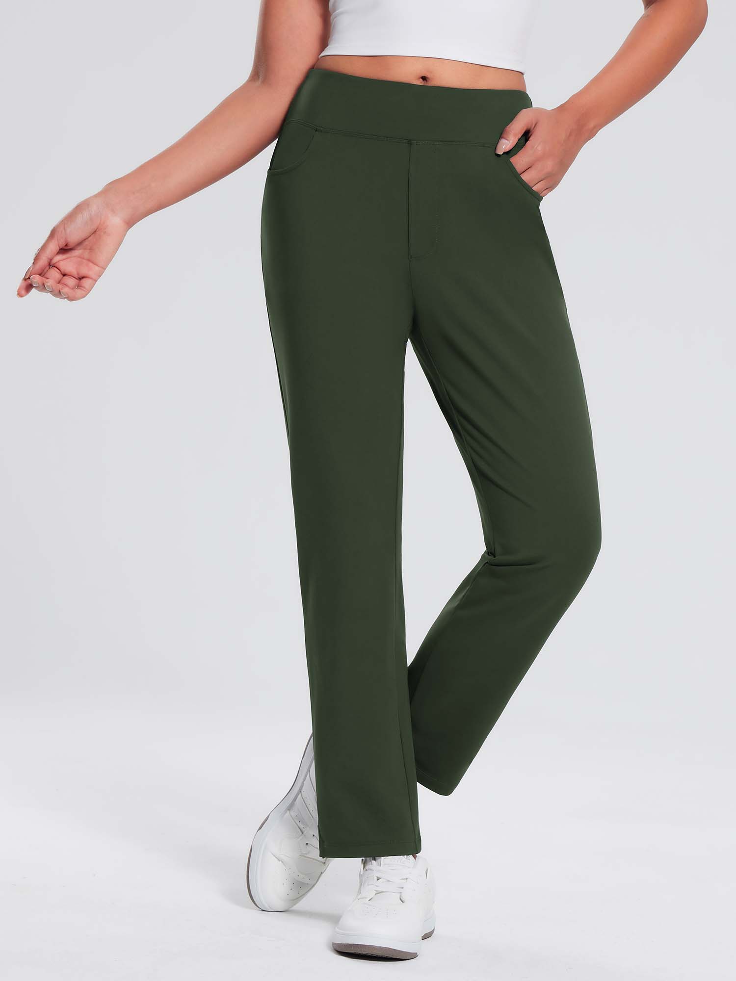 Women's dark green fleece-lined tapered jogger pants with pockets, perfect for cool weather. #color_Army Green