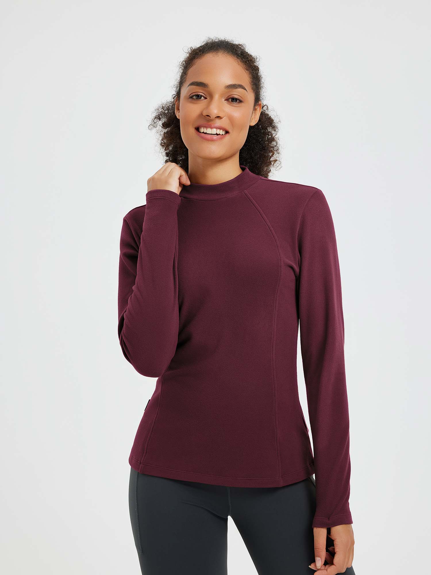Burgundy fleece half-turtleneck running shirt with long sleeves #Color_Wine Red