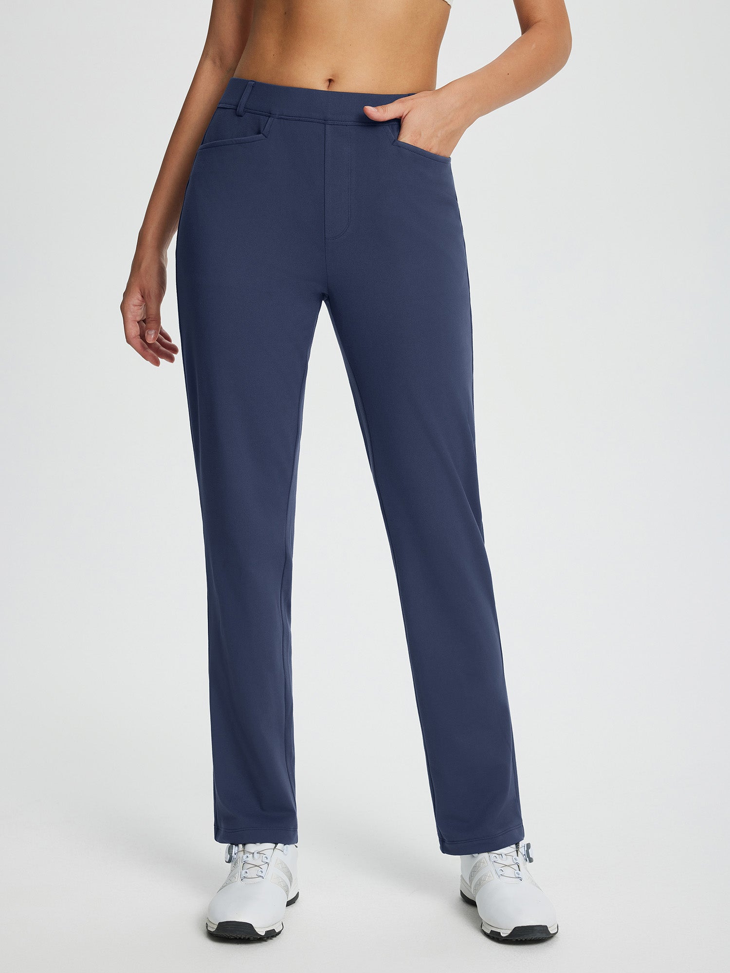 Women's navy fleece-lined straight-leg golf pants with elastic waist and 4 pockets. #color_Navy Blue