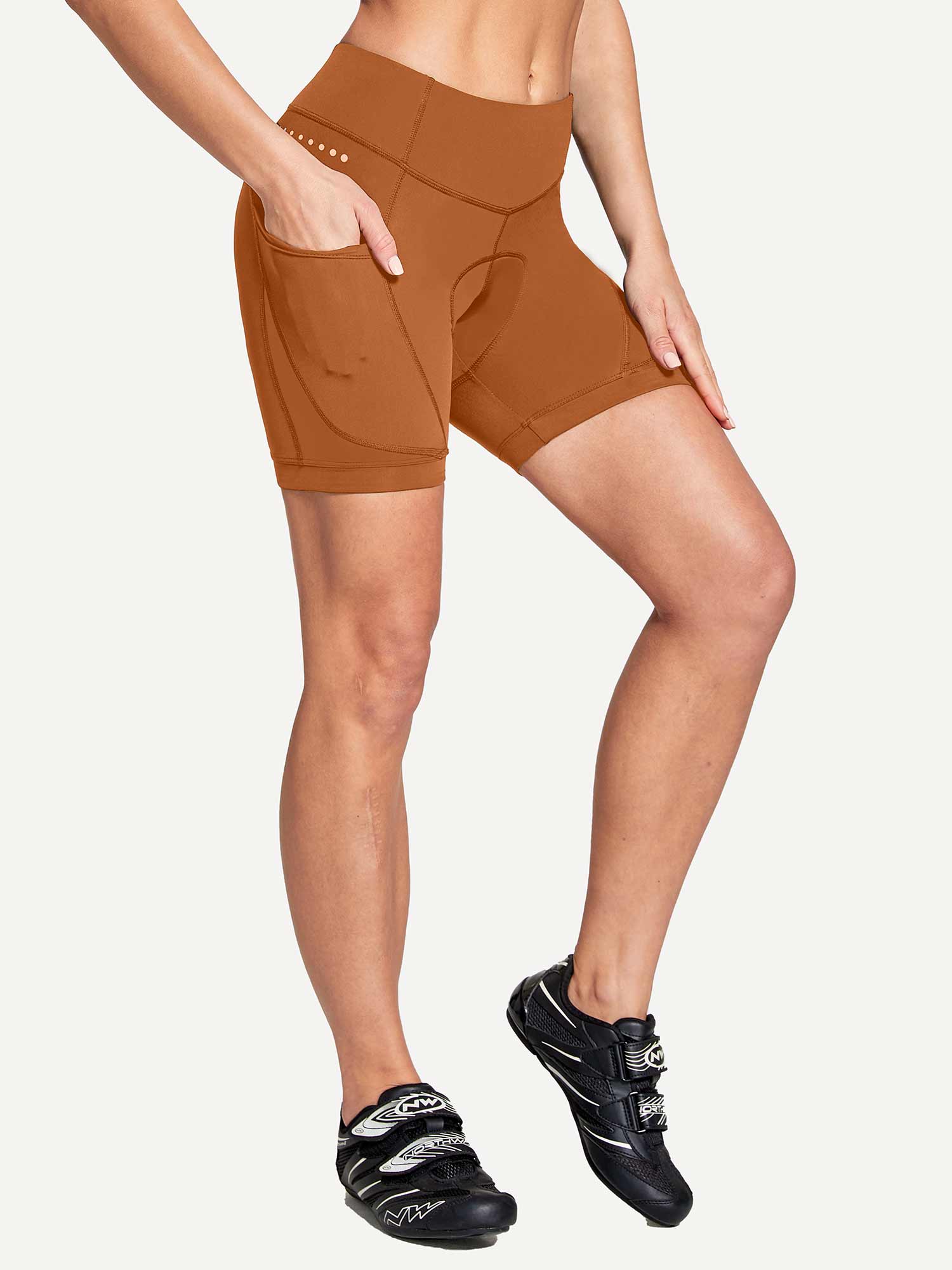 Women's V-Waist cycling shorts in terracotta with side pockets #color_Brown