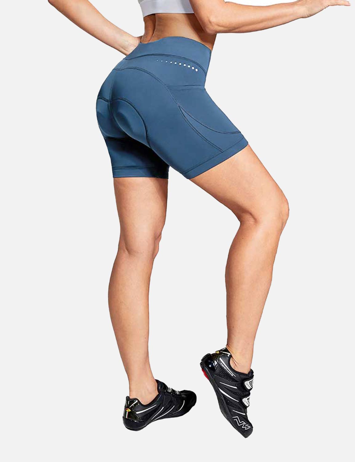 Women's blue V-waist cycling shorts with gel padding and cleats #color_Navy Blue