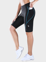 Women's black UPF 50+ padded cycling shorts with blue accent and side phone pocket. #color_Navy Blue