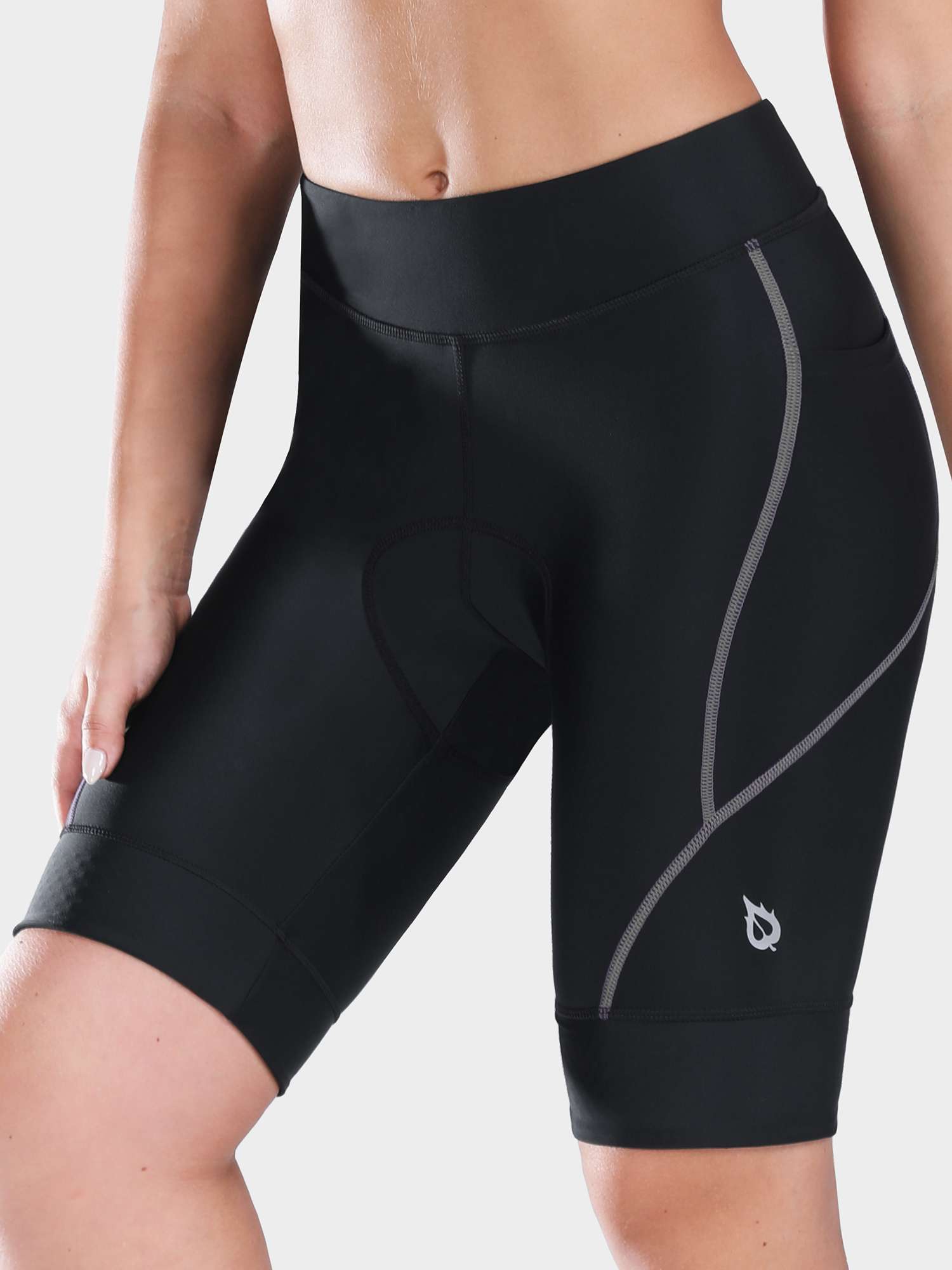 Women's 9-inch black UPF 50+ padded cycling shorts with gel padding & reflective details. #color_Dark Gray