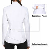 White women's cycling long sleeve fleece jacket with back zipper pocket & reflective elements. #color_White