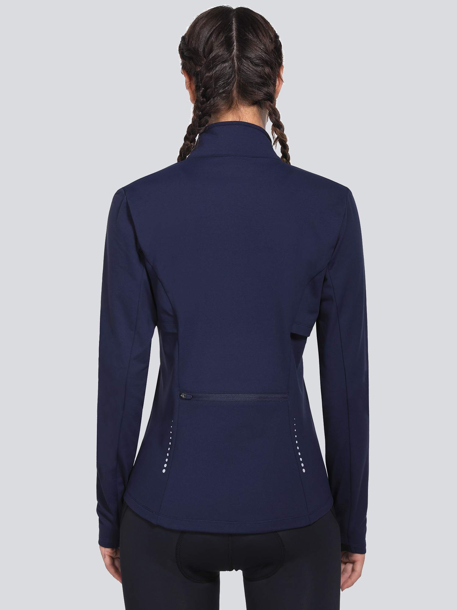 Women's navy long sleeve fleece cycling jacket back, with rear zipper pocket & reflective dots. #color_Navy Blue