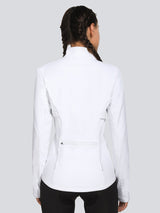 Women's white fleece cycling jacket, long sleeve, back view with utility pocket. #color_White