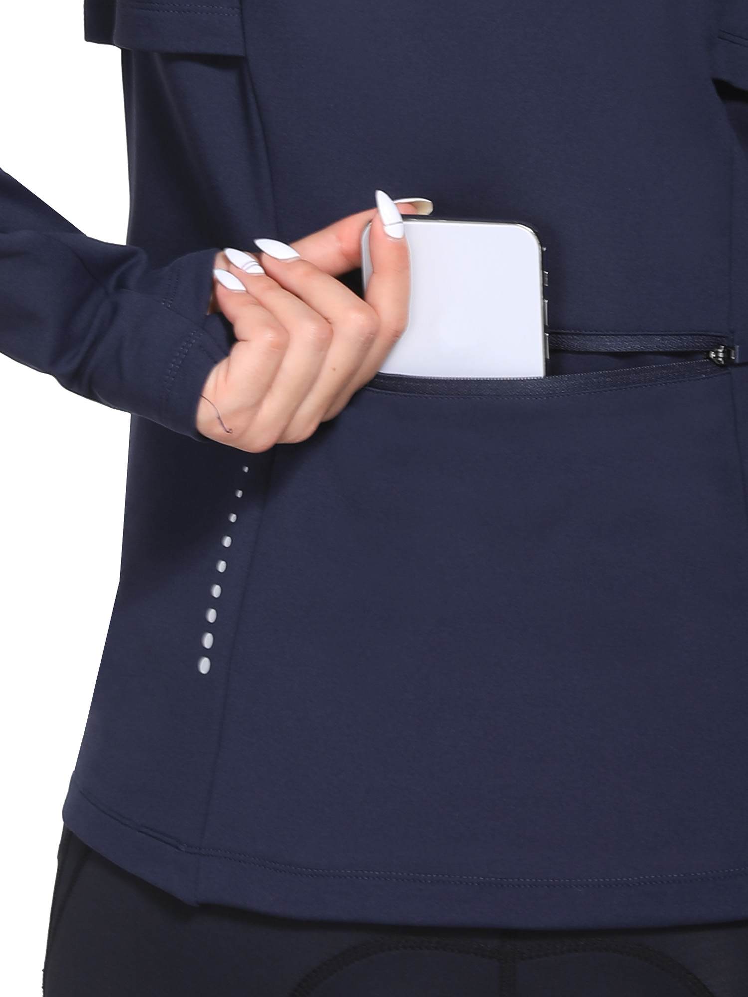 Women's navy fleece cycling jacket with zippered phone pocket, thumbholes, and reflective dots. #color_Navy Blue