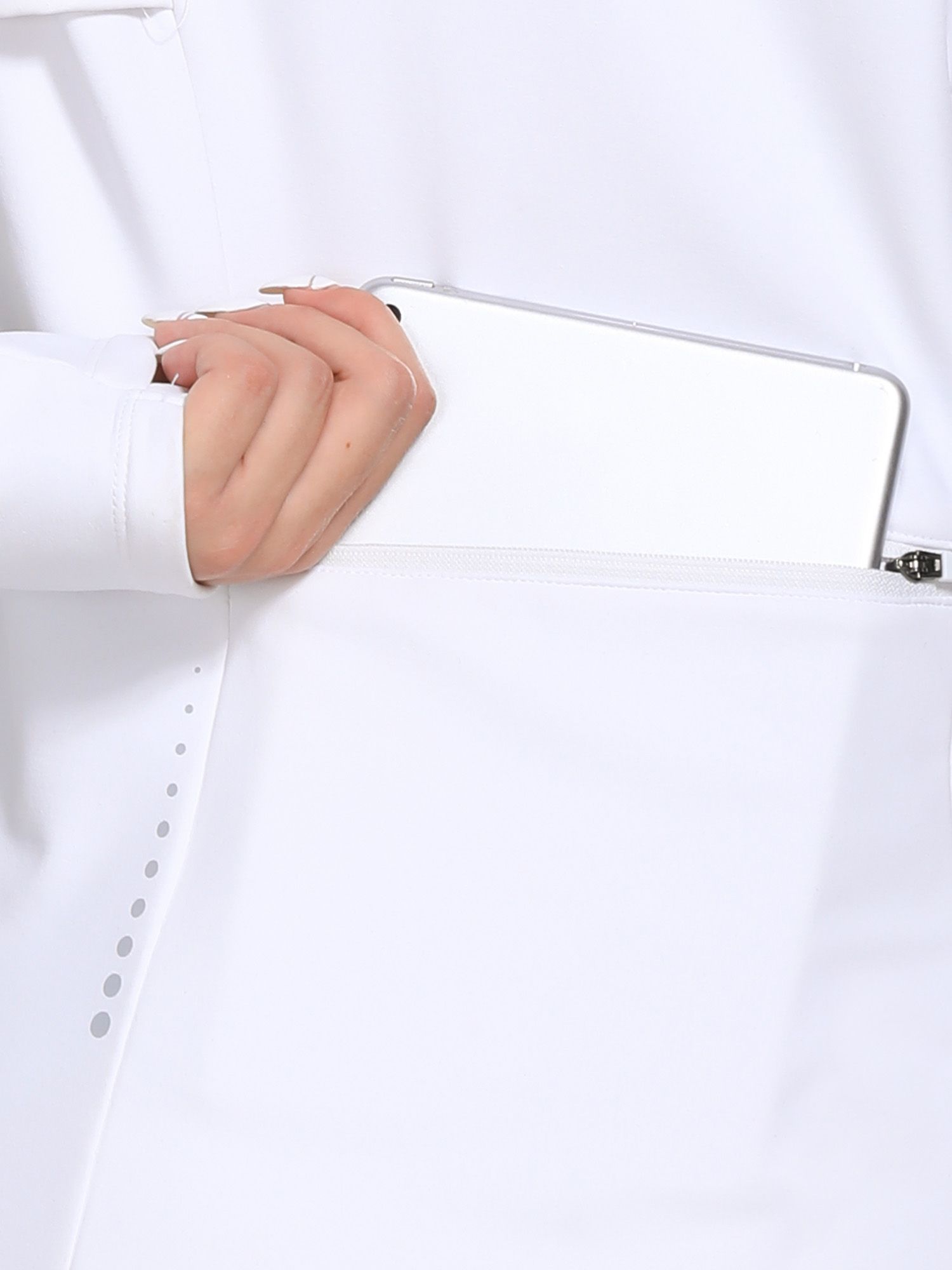 White cycling jacket zippered pocket with perforated detail holding smartphone. #color_White