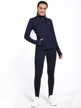 Women's navy blue long sleeve fleece cycling jacket with full zip.