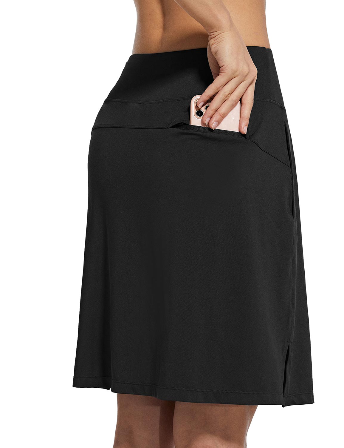 Women's black UPF50+ golf skort with secure zippered pocket for phone. #color_Black