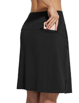Women's black UPF50+ golf skort with secure zippered pocket for phone. #color_Black