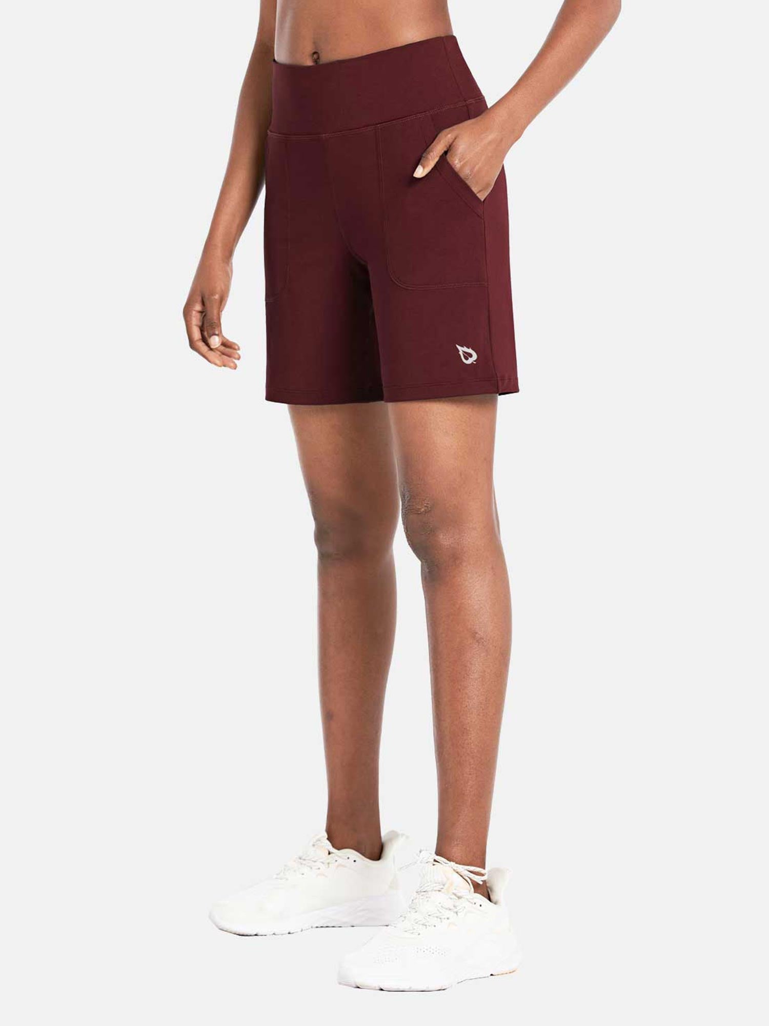 Dark red Laureate 3-pocket athletic shorts with white logo, high rise waist, and side pockets. #color_Chocolate Truffle