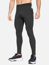 Men's black fleece-lined water-resistant running tights with phone pocket. #color_Black
