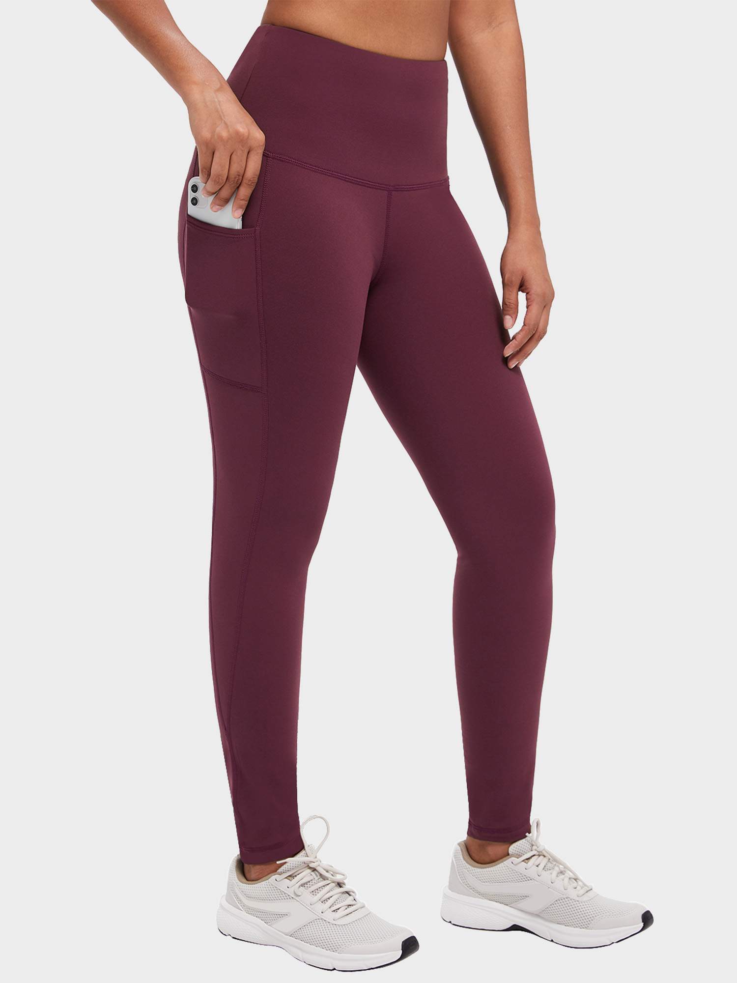Burgundy high-waisted brushed fleece leggings with functional side pocket for phone. #color_Wine Red