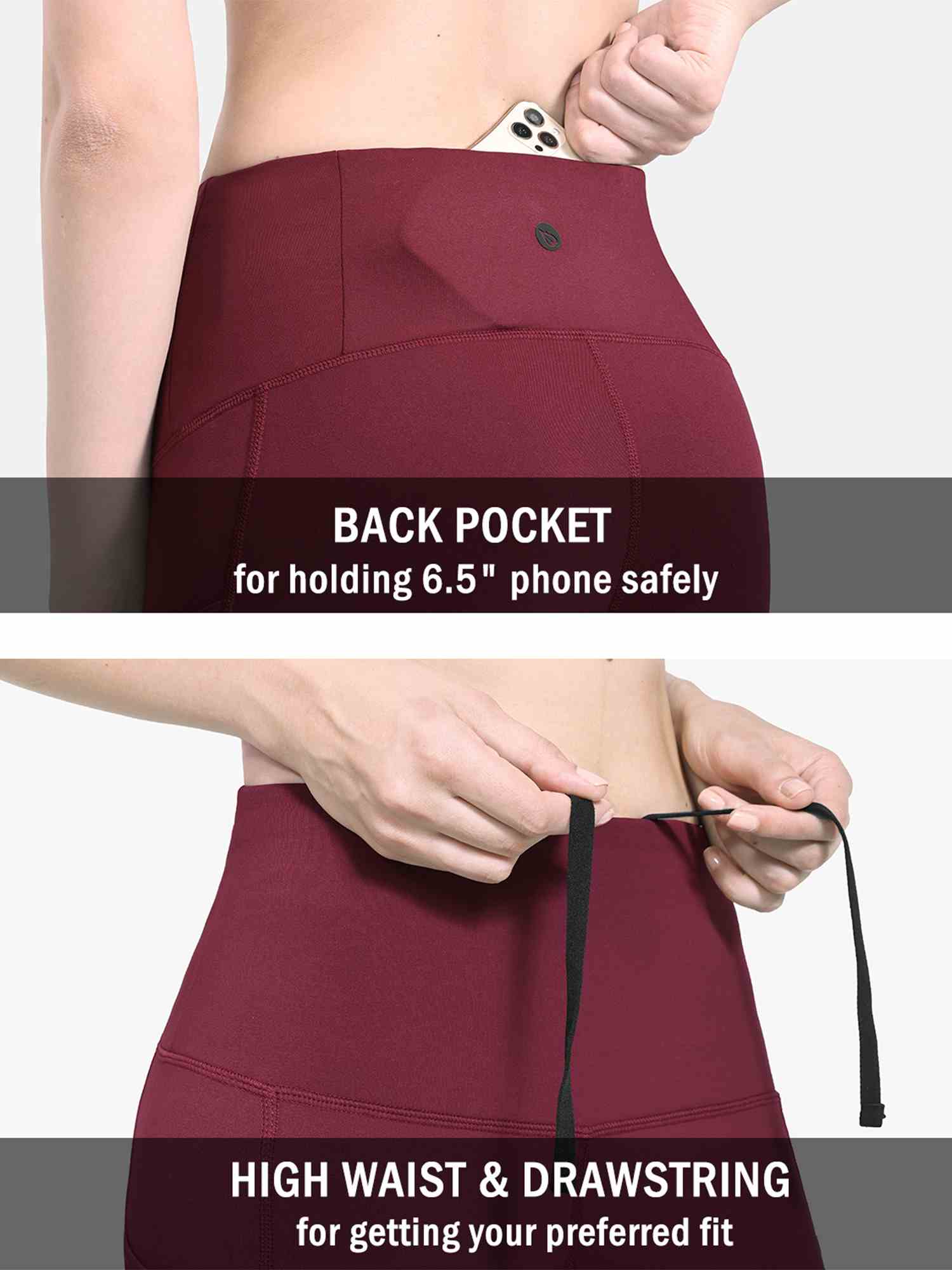 High waisted burgundy fleece leggings with back pocket for 6.5" phone & drawstring #color_Wine Red