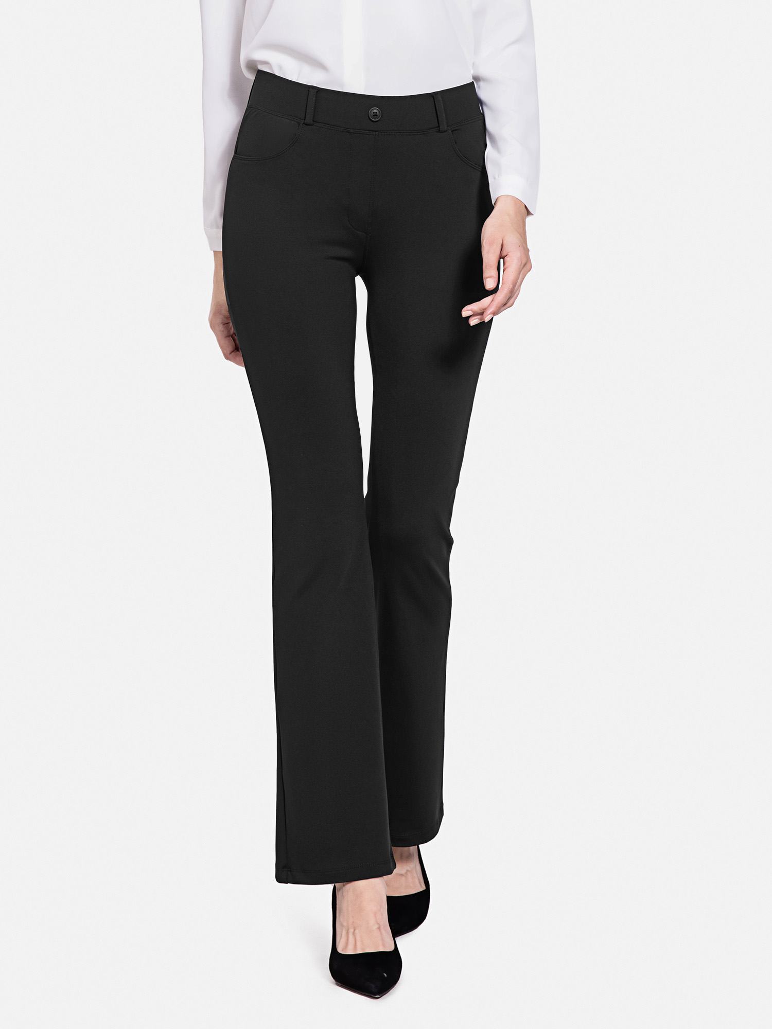 Black yoga micro-work flared pants with high waist and belt loops. #color_Black