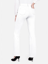 Back view of white flared dress pants for work and yoga, featuring pockets and belt loops. #color_White